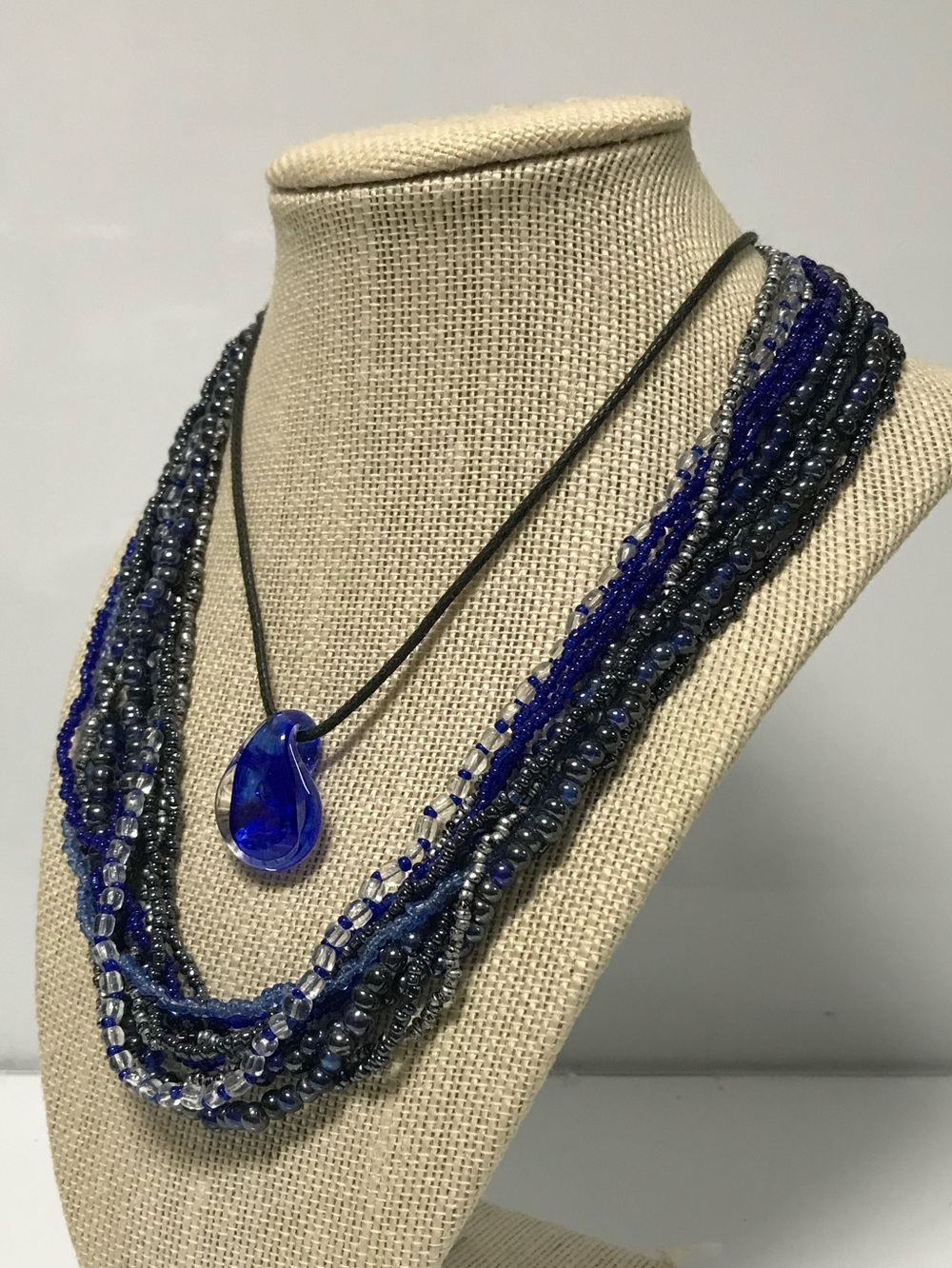 1 Multi Strand Blue Beaded Necklace & 1 Blue Glass Teardrop Pendant Necklace - Picture 3 of 7
